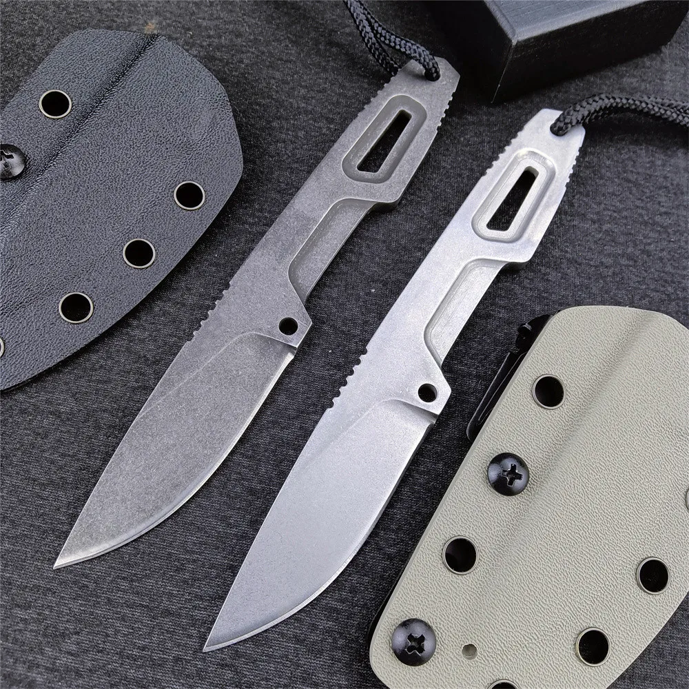 SATRE Pocket Fixed Blade Knife D2 Blade Stone Wash Steel Handle Outdoor Camping EDC Knives Tactical Straight Tool with K Sheath