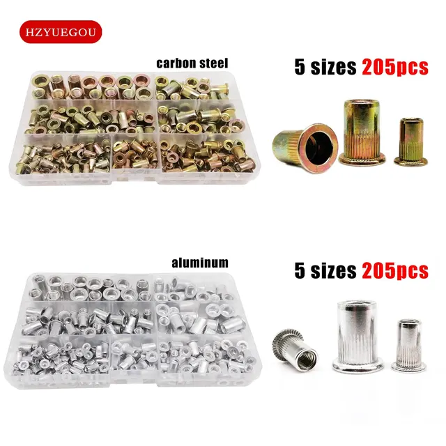 1 Box 205pcs Insert Rivet Nut Rivnut Nutsert Mix M3 M4 M5 M6 M8 Size Set Assortment Kit Flat Head Carbon Steel Aluminum: A Versatile Solution for Metalworking and DIY Projects