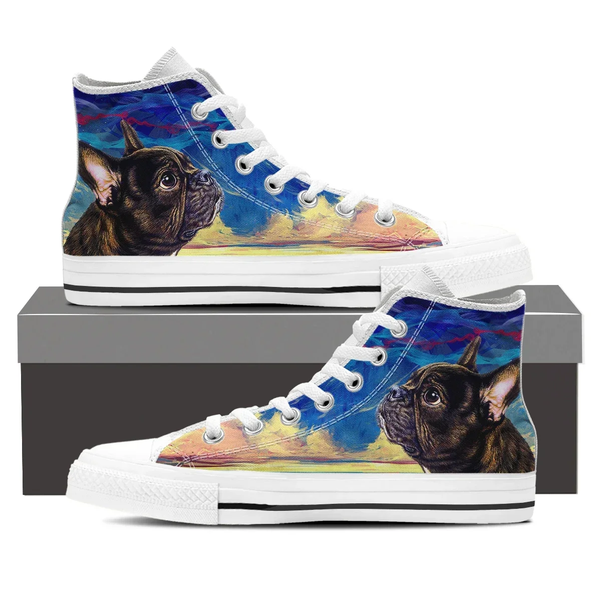New Men's High-Top Canvas Shoes Fashion Simple Printing Cute Dog Flat Lace Up Big Size Graffiti Student Shoes