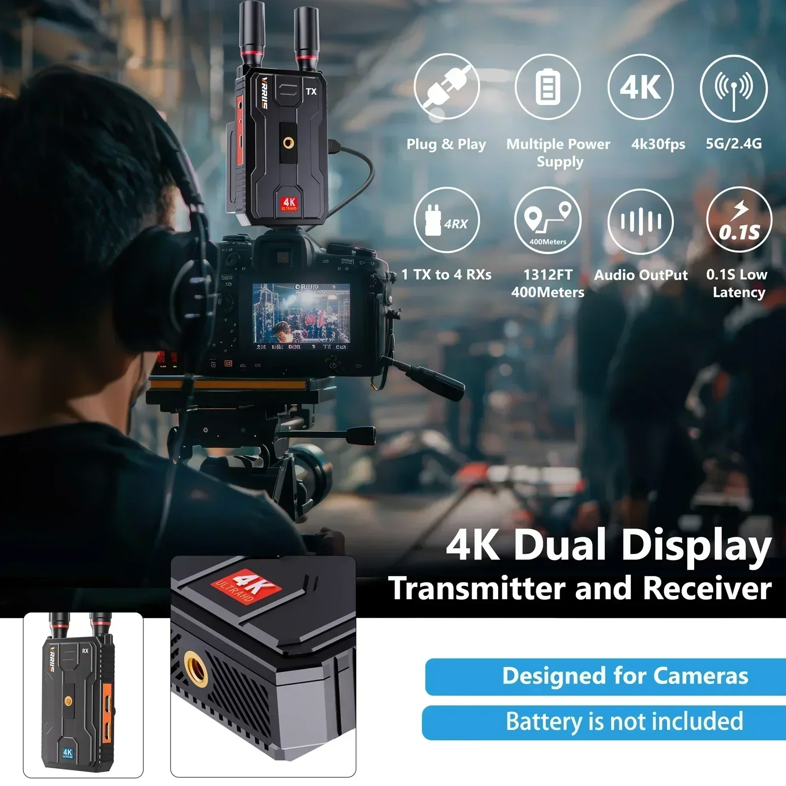4K Wireless HDMI Extender Audio Video Transmitter and Receiver WL097 Pro 400m Support Battery Camera Live Streaming / PC To 8 TV