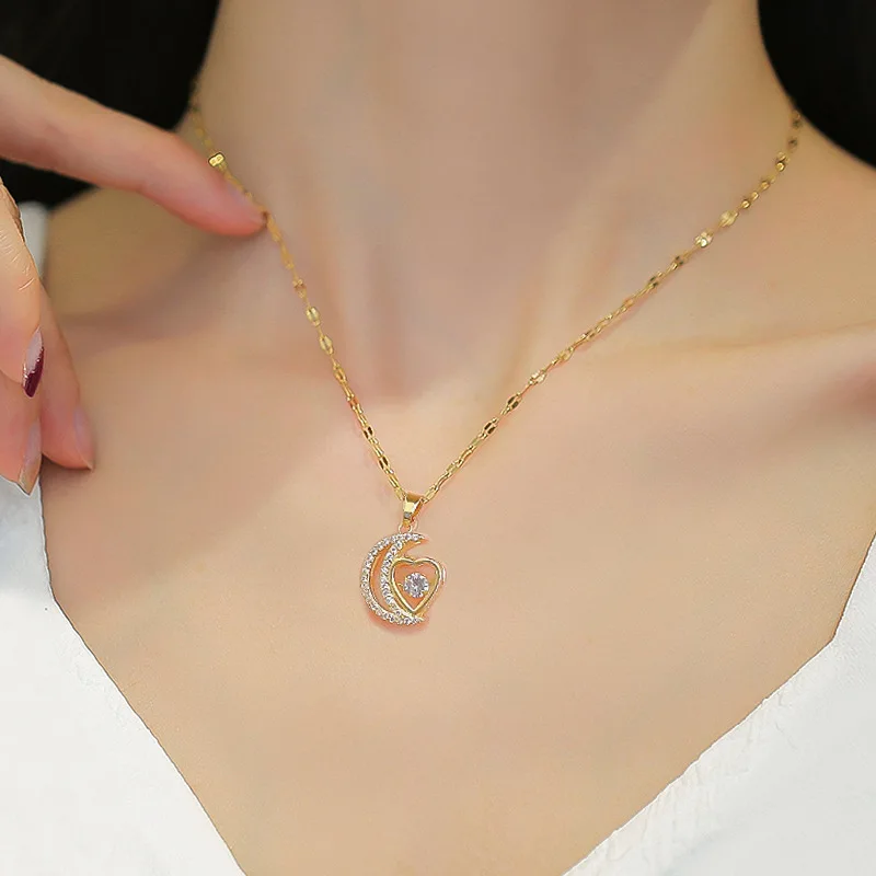Mondherz-inspirierte Choker-Halskette für Frauen, goldfarben, glitzernder CZ-Stein-Anhänger, verstellbar, romantischer Alltagsschmuck – Detail 2