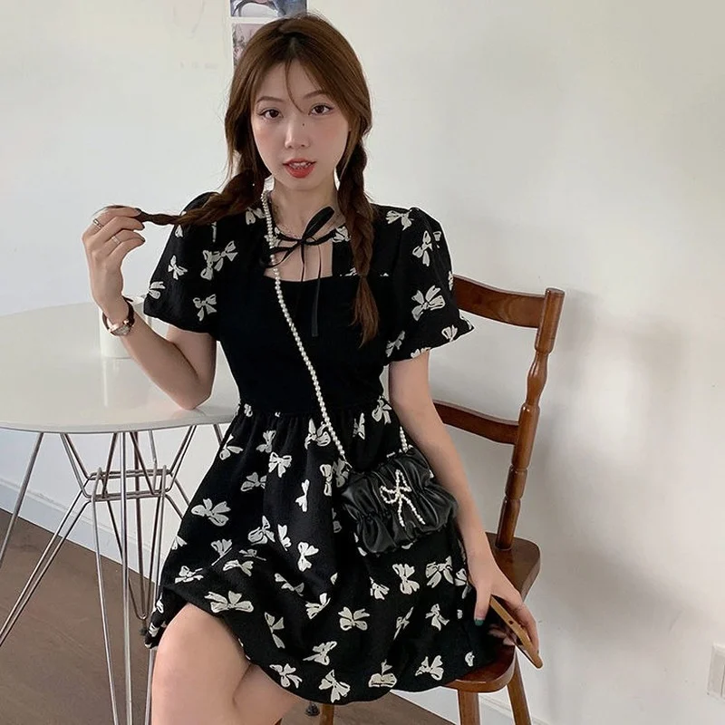 

Black Kawaii Floral Short Dress 2022 Short Sleeve Mini Dress Women Korean Fashion High Waist Outfits Harajuku Dress for Girl
