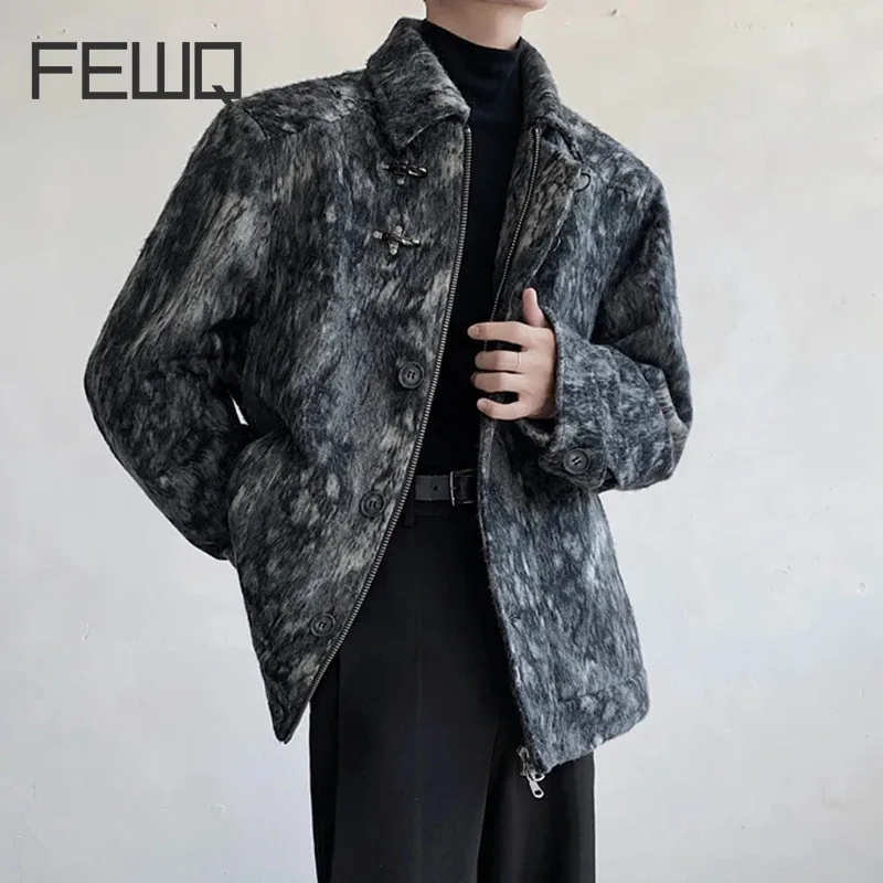 

FEWQ Autumn Winter Tie Dye Color Design Buckle Woolen Coat 2023 Long Sleeve Turn-down Collar Zipper Male Tops Fashion 24X3133