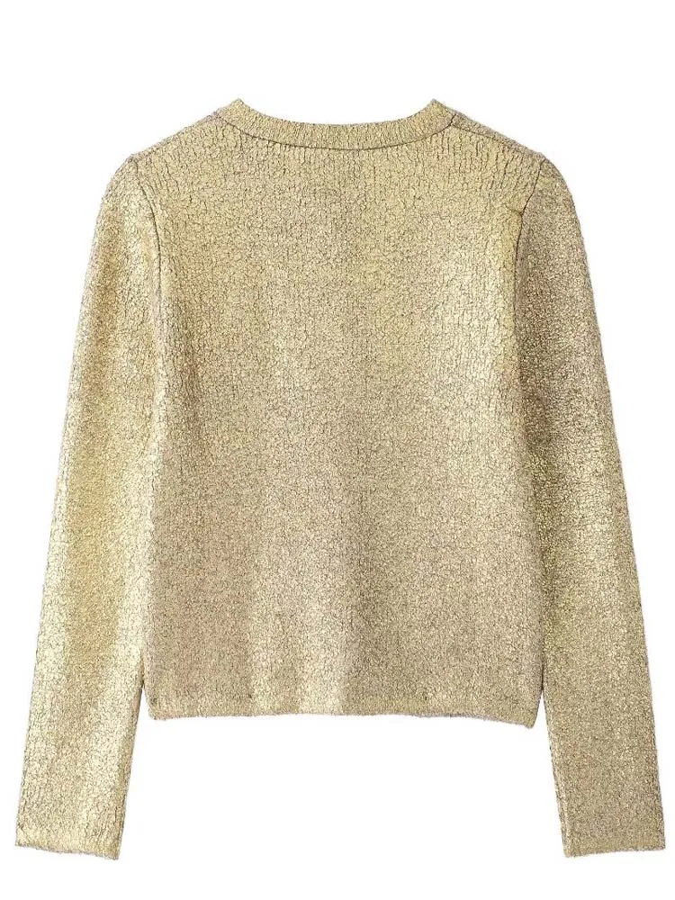 Metallic knit effect cardigan Women's Gold Round neck long sleeves