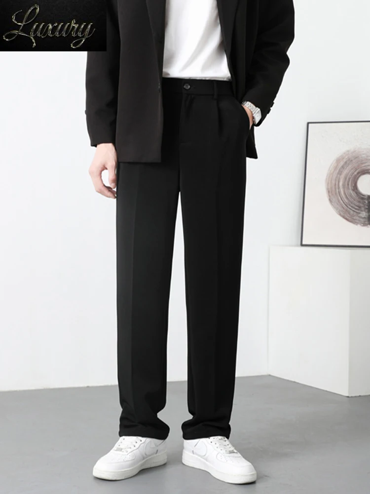 

Summer Men Straight Casual Pants 2023 New Korean Fashion Suit Pant Semi-Wide Banded Waist Slacks Male Baggy Long Trousers