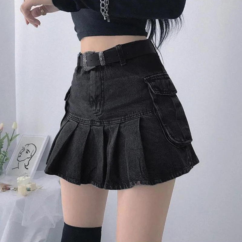 Goth Y2K High Waist Mini Jean Skirts For Women 2022 New Vintage Black Denim Pleated Skirts With Big Pockets Grunge Punk Outfits black denim skirt