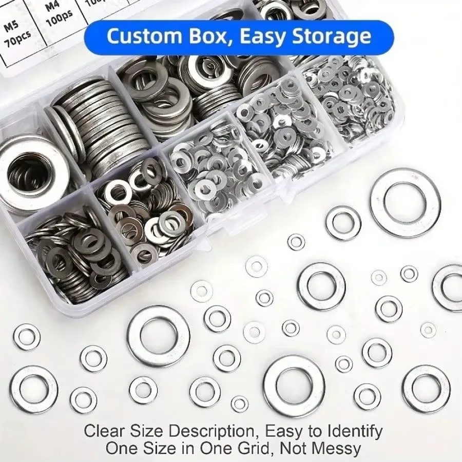 Stainless Steel Flat Washer Set 580PCS 9 Sizes M2-M12 Screws Mud Flaps Home Decor Factory Repair