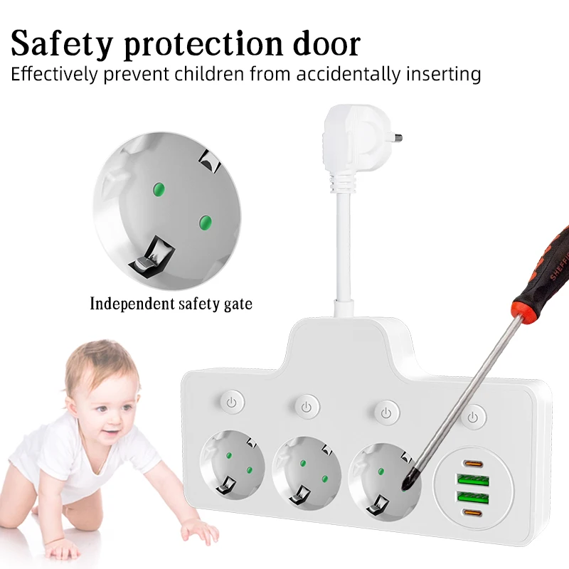 EU Plug Power Strip With 3 AC Outlets+ USB Port+ Type C Socket Adapter Wall Charger for Home Office Network Filter Fast Charging