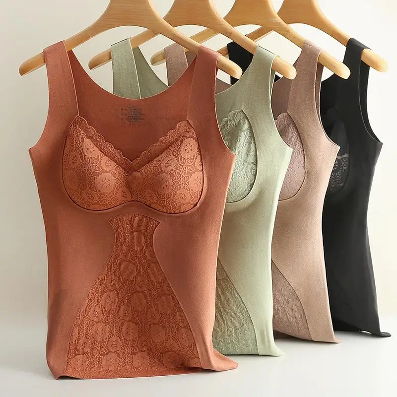 Women Thermal Underwear Winter Warm Tops Sexy Lace Slim Body Vest Removable Inserts Padded Clothes