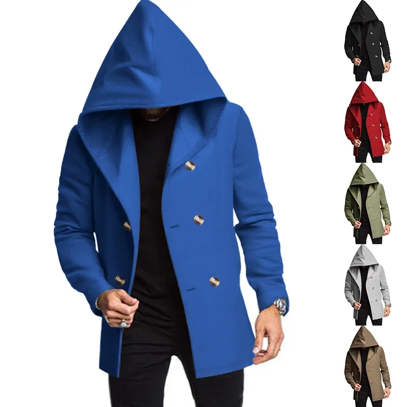 Men's Windbreaker Spring and Autum Double Row Solid Color Casual Men's Mid-Length Outwear Jacket