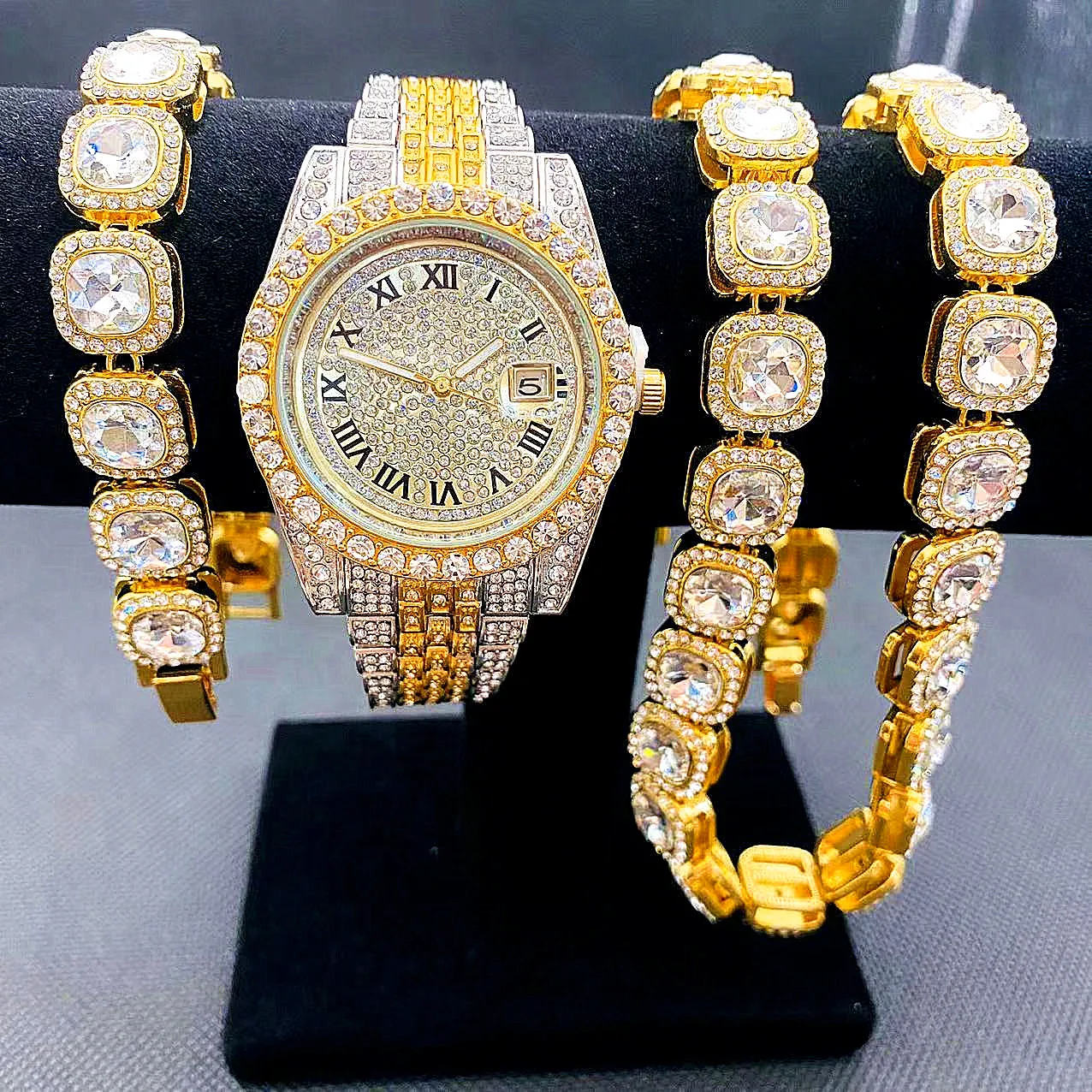 3PCS Full Iced Out Watches Gold Cuban Tennis Chain Bracelet Necklaces Bling Watch for Mens Hip Hop Jewelry Set Men Watch Clock