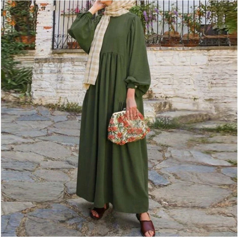 New Muslim Women's Wear Solid Color round Neck Lantern Sleeve Loose Casual Fashion Women's Clothing Dress prom dress