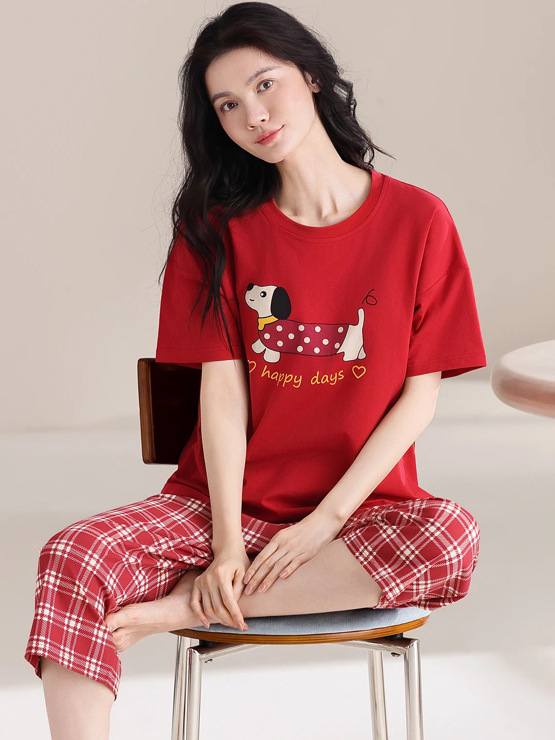plus Size 5XL Cotton Pajamas Short Sleeve Seven-Foot Pants Red Thin Home Clothes Set for plus Size Women Summer Comfortable