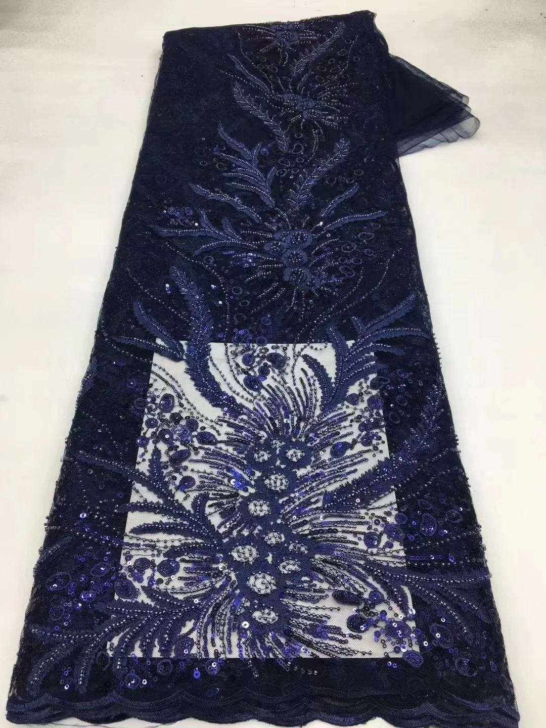 

2023 Navy Blue Nigerian Sequins Lace Fabric High Quality French Beaded Lace Fabric African Tulle Lace Fabric For Wedding