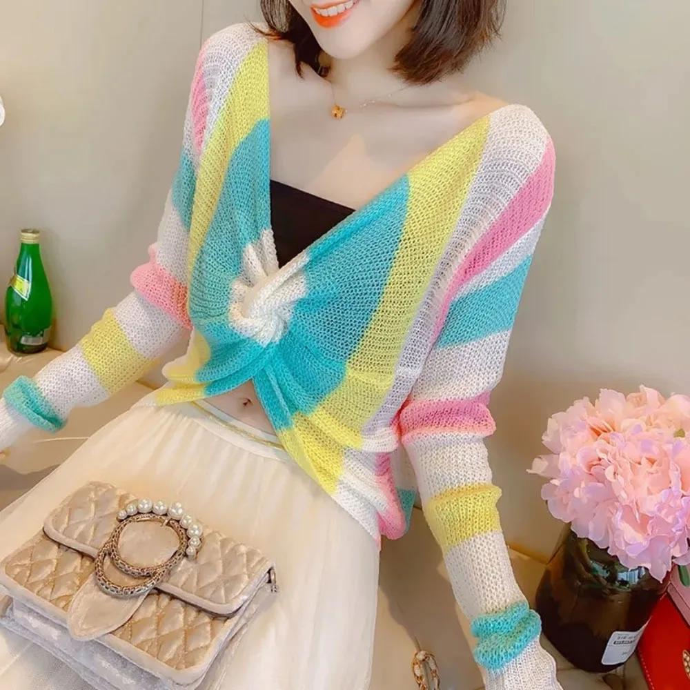 

Fairy Tops Spring Summer 2023 New Fashion V-neck Cross-cut Short T-Shirt Casual Pullover Rainbow Sweater Women Tee Knitwears