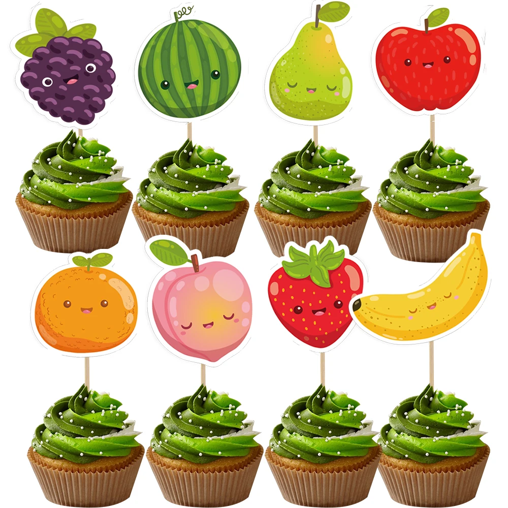 Fruit Cake Topper for Birthday Party Cakes 24Pcs 24pcs Fruits Cake Topper Strawberry Watermelon Smiling Face Cupcake Toppers for Kids Summer Fruits Birthday Party Decorations 16