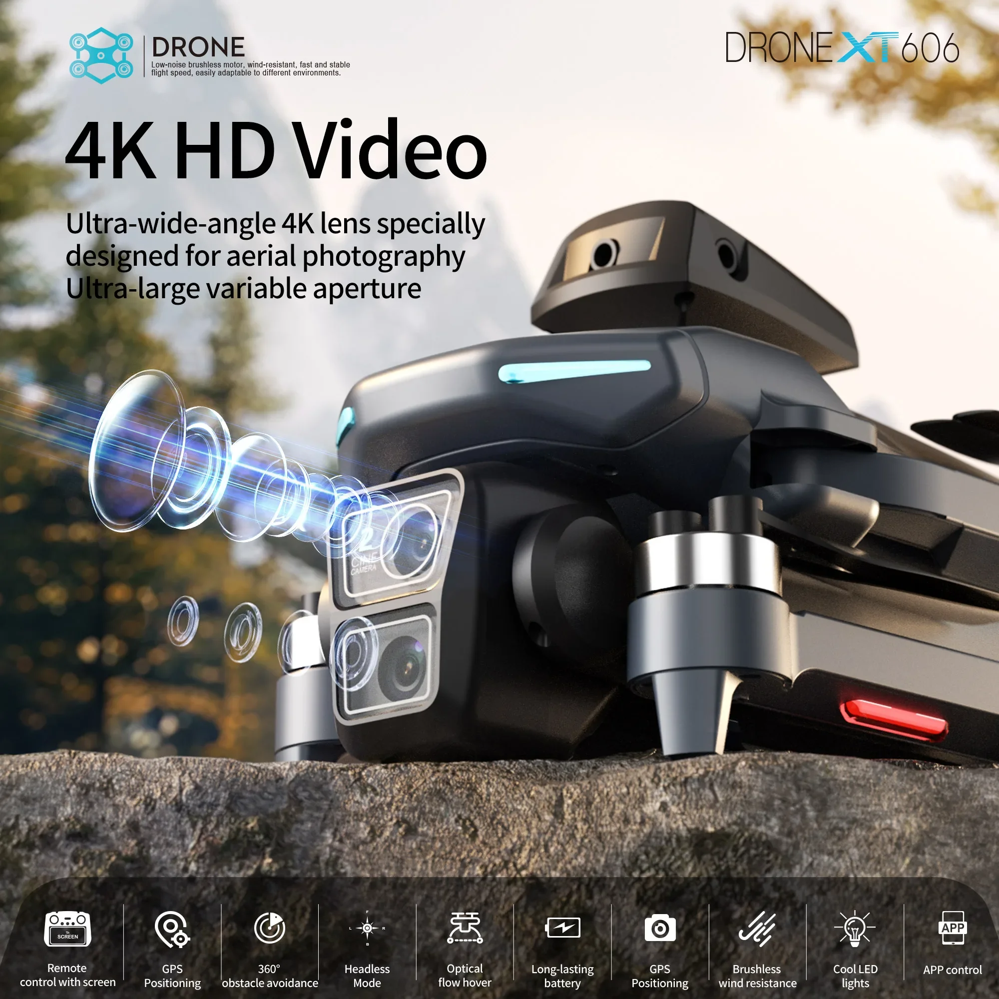 Drone XT606 Pliable 4K/8K HD déployé montrant ses hélices et sa caméra 8K