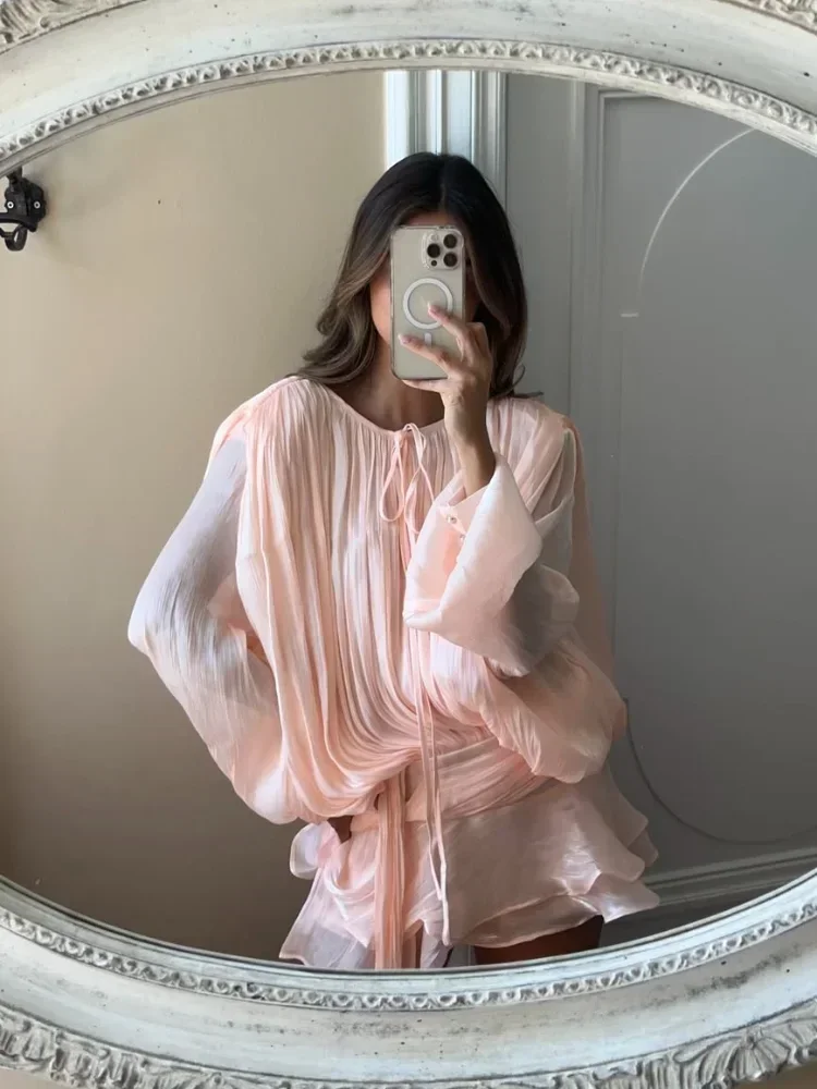 Elegant Pink pleated Mini Dresses Women A-line Bubble sleeve Lace Up Party Short Vestido 2025 New Dinner Lady Night Summer Gown 4