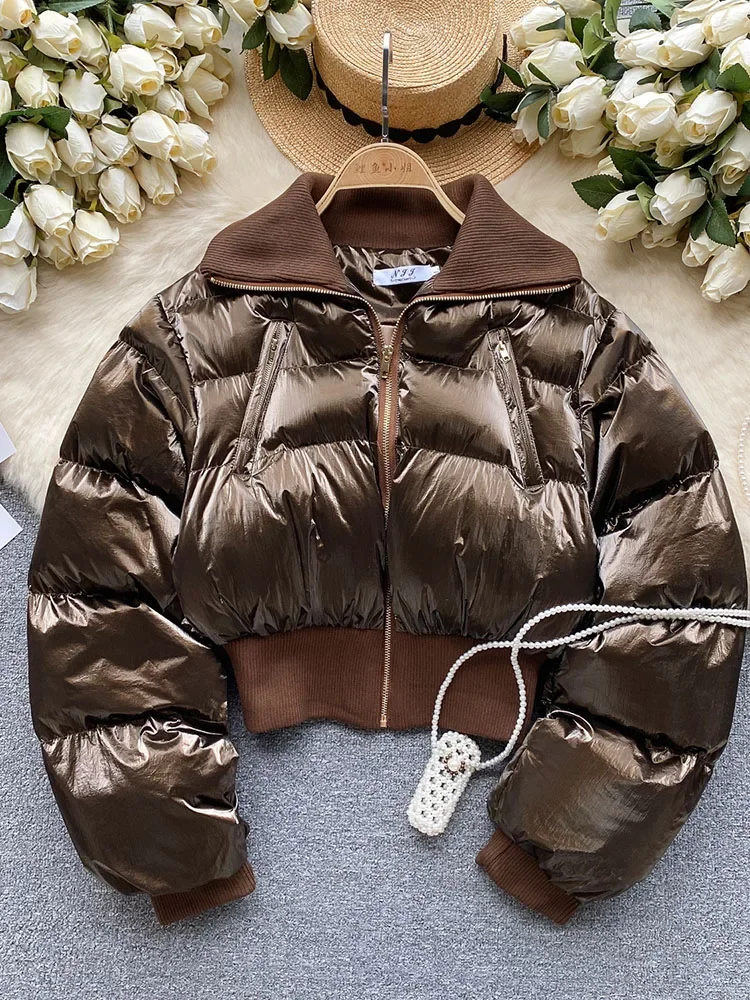 

Women Winter Parkas New Europe America Temperament Lapel Zipper Small Design Feel Thickened Cotton Short Bread Jacket D5198