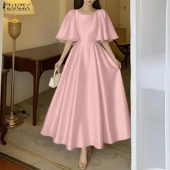 2026 ZANZEA Elegante Abito da Sera a Trapezio da Donna in Raso, Vestito Estivo con Maniche a Petalo Corte, Tinta Unita, Abito Lungo da Sera