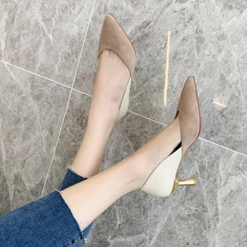 French High Heel Shoes Women's Spring Autumn 2023 New Slim Heel Pointed Mix Colors Work Pumps Retro Shallow Fashion Single Shoes
