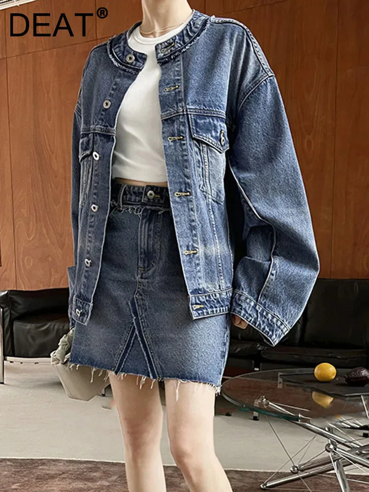 

DEAT Fashion Women's Denim Coat Round Collar Long Sleeves Single Breasted Loose Washed Patchwork Spring 2024 New Tide 7AB3814