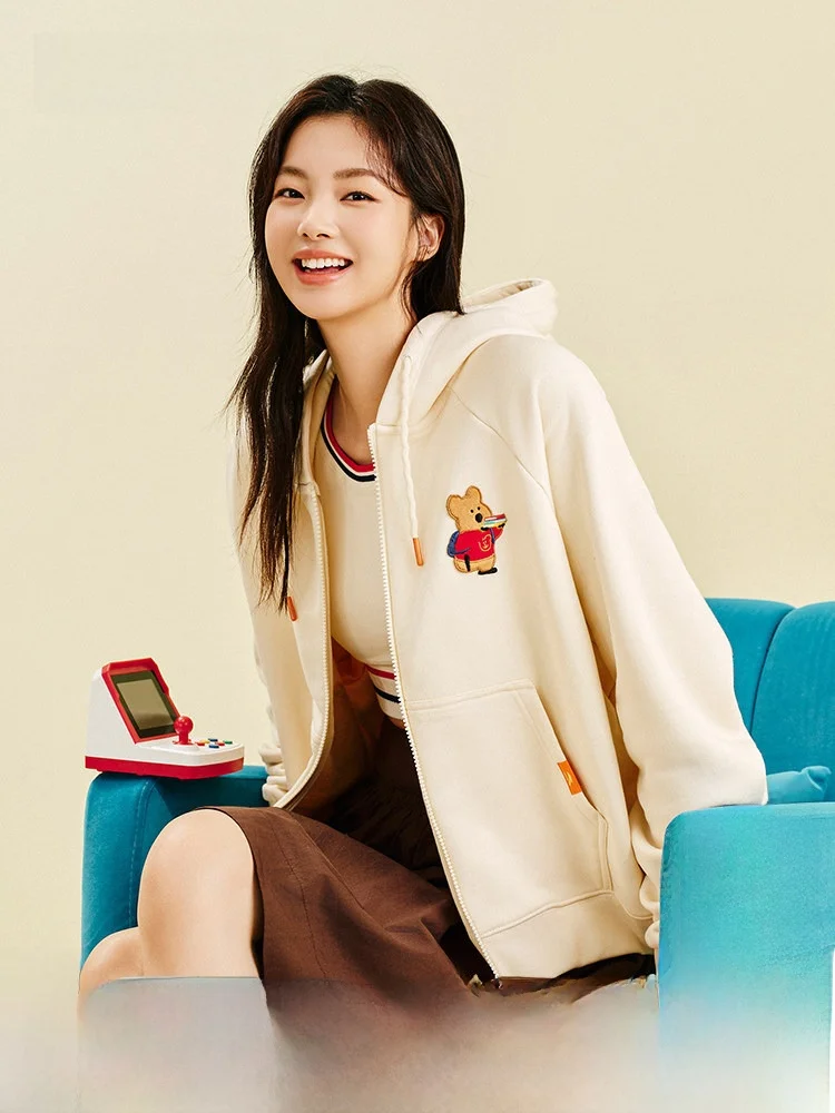  협업 자수 후드 오픈 가디건 스웨트셔츠 여성용 루즈핏 캐주얼 아우터웨어 편안하고 통기성이 좋음