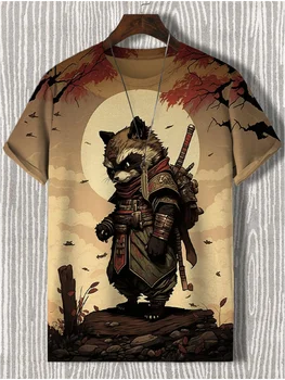 Men's T-Shirt Japanese Style Samurai Cat Graphic 3D Printed T-Shirt Casual Short Sleeved Tee Outdoor Oversized Men Clothing Tops 1