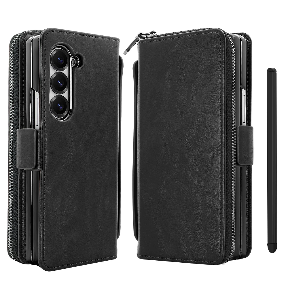 Faux Leather Flip RFID Wallet Phone Case with Hand Grip, Credit Card Slots, Magnetic Clasp, and Stylus