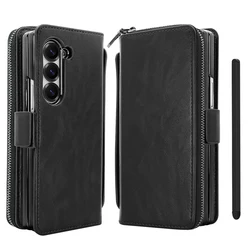 Faux Leather Flip RFID Wallet Phone Case with Hand Grip, Credit Card Slots, Magnetic Clasp, and Stylus for Samsung Z Fold 5 (Black)