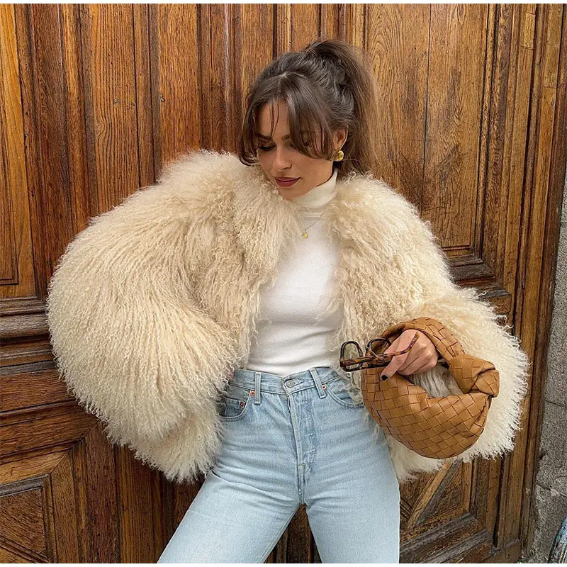 コート [blank03] faux fur single coat (beige) Elegant Solid Color Thick Faux Fur Coats Women Round Neck
