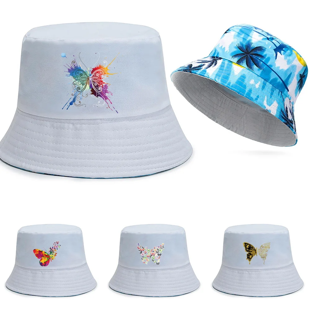 

Trend Cotton Fisherman Hat Butterfly Print Series Bucket Hats Reversible Hawaii Caps Men Casual Panama Cap Women Beach Sun Hats
