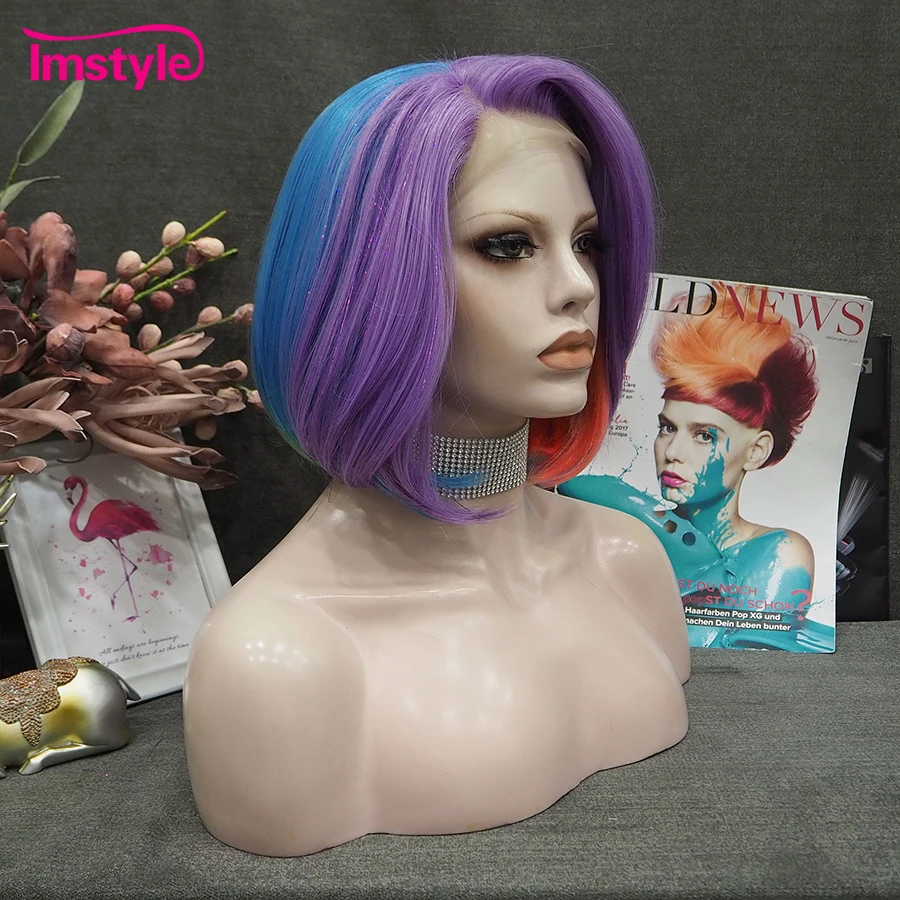 Imstyle Short Bob Wig Colorful Synthetic Lace Front Wig Tinsel Mixed Purple For Women Cosplay Party Heat Resistant Fiber