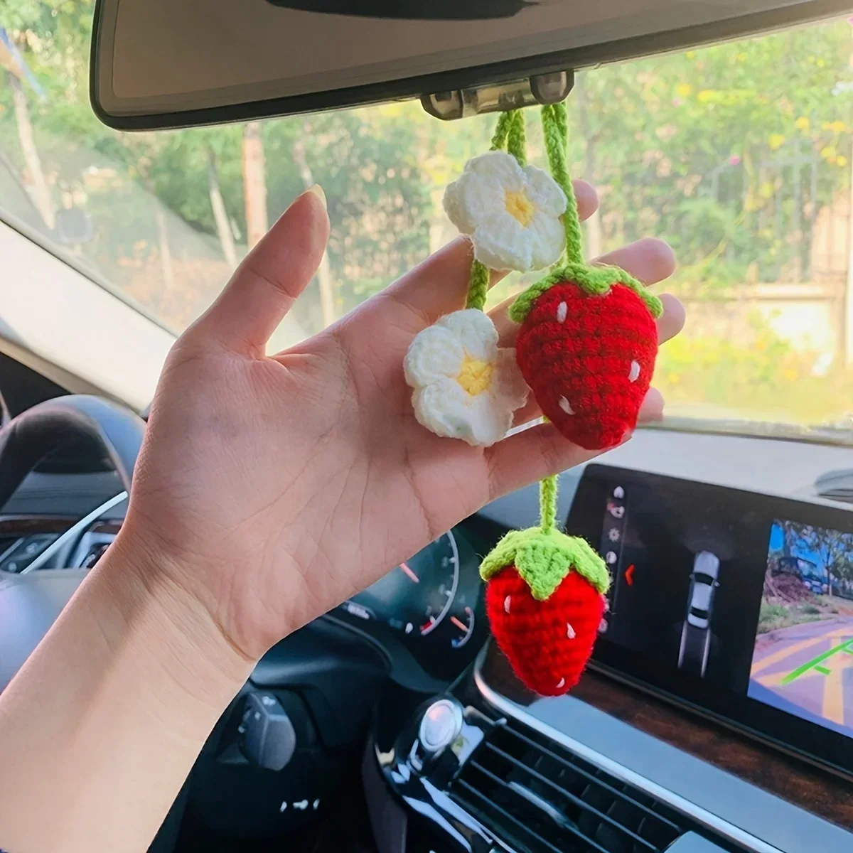 Knitted Strawberry Car Mirror Decoration