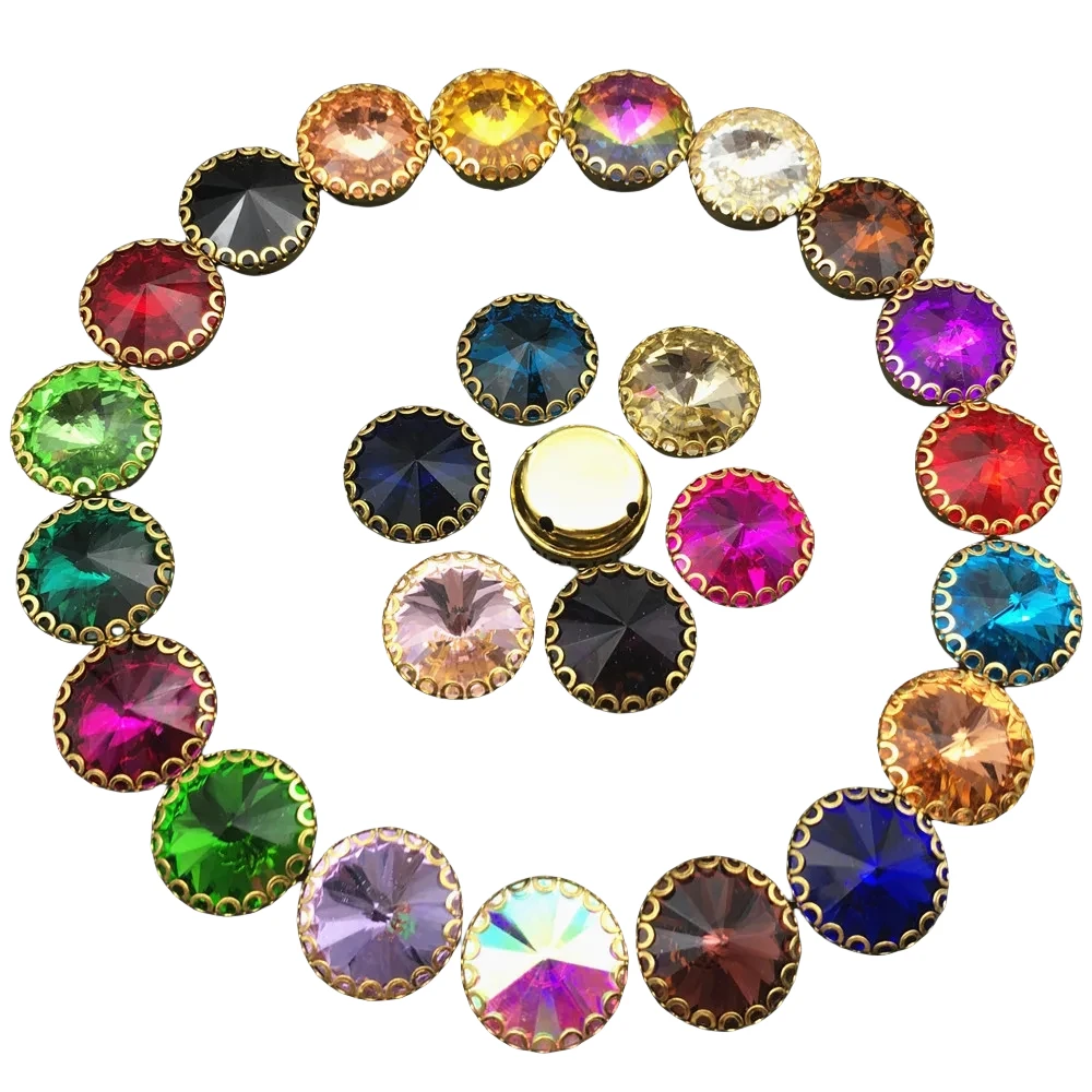 6mm  18mm 라운드 Rivoli 모양 Strass 라인 석에 바느질 골드베이스 레..