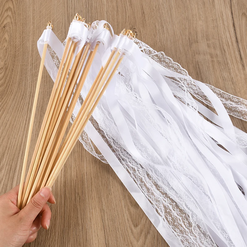 White Ribbon Wands Fairy Sticks with Gold Bells Wedding Favors Lace Streamer Guest Gift heering Props Birthday Party Decoration
