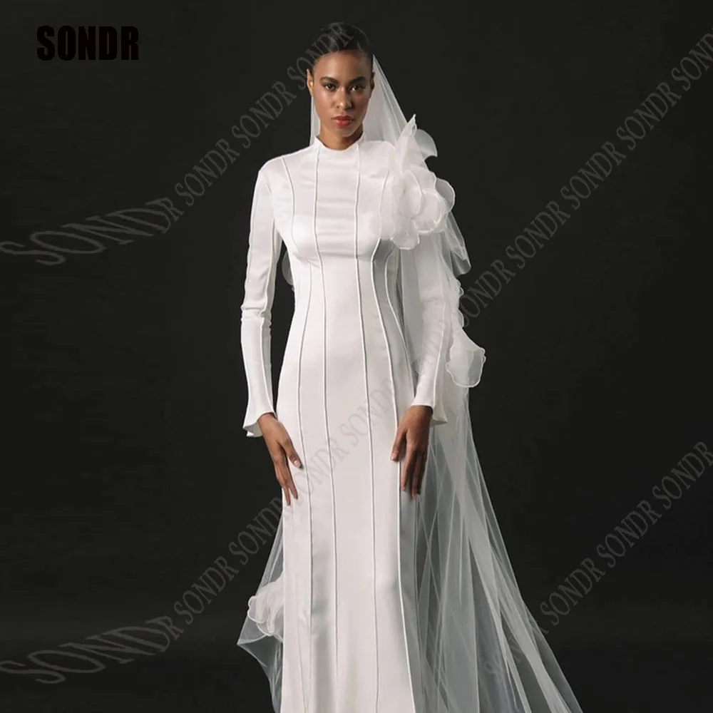 

SONDR Simple Mermaid Wedding Dresses Long Sleeves High Neck Backless Bride Dress Satin Wedding Gowns 2024 Vestido De Noiva