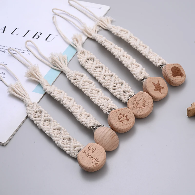 Baby Wooden Dummy Pacifier Clip Hand Braided Cotton Cloth Baby Pacifier Chain Safety Soft Girl Boy Eco-friendly Holder Chain Pacifier Clip Pacifier Chain Pacifier Accessories Teether Clip