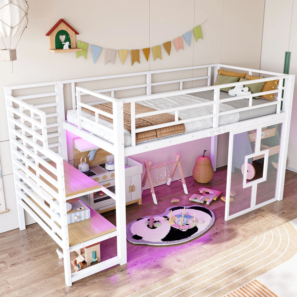 90x200cm Metall-Hochbettgestell mit Treppe, Stauraum, Babybett mit LED-Beleuchtung und Fenstern, Kinder-Etagenbett, Schwarz/Weiß – Detail 23