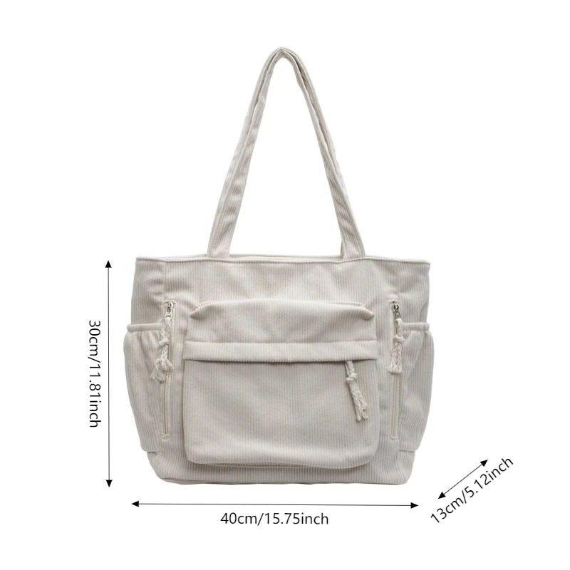 Travel Master Corduroy Shoulder Bag Handbag with Zipper Multiple Pocket Tote Bag For Women Solid Color Daily Commuter Handbag