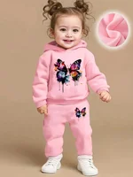 Girls' Fashion Butterfly Print Long-Sleeved Fleece Hoodie + Casual Pants Set (2-Piece Spring/Autumn Set)