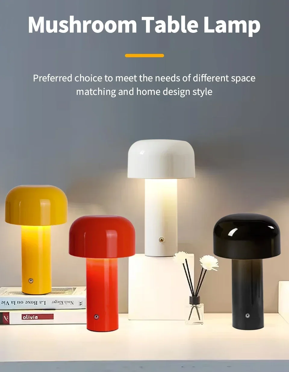 Description Picture 2 of itemClassic Mushroom Table Lamp Rechargable Night Light Touch Sensor 3 Colors Dimmable Creative Ambient Light Bar Room Decor Lamp