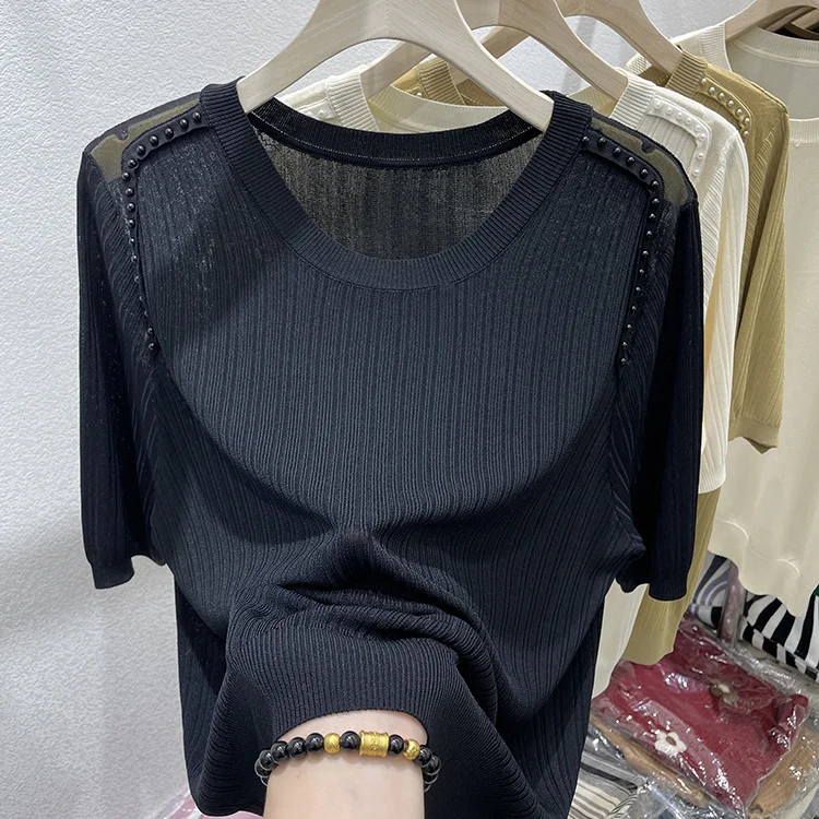 

2024 Spring/Summer Korean Version Transparent Ice Silk Versatile Loose Fitting Short Sleeved Knitted Sweater for Women's L185