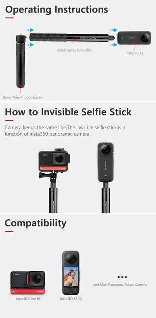 Vamson-Perche à Selfie Invisible pour Insta360 Bery, Rotation Bullet,  Déterminer le Temps, Trépied pour Insta 360, ONE X2 ONE RS, Accessoires  GoPro