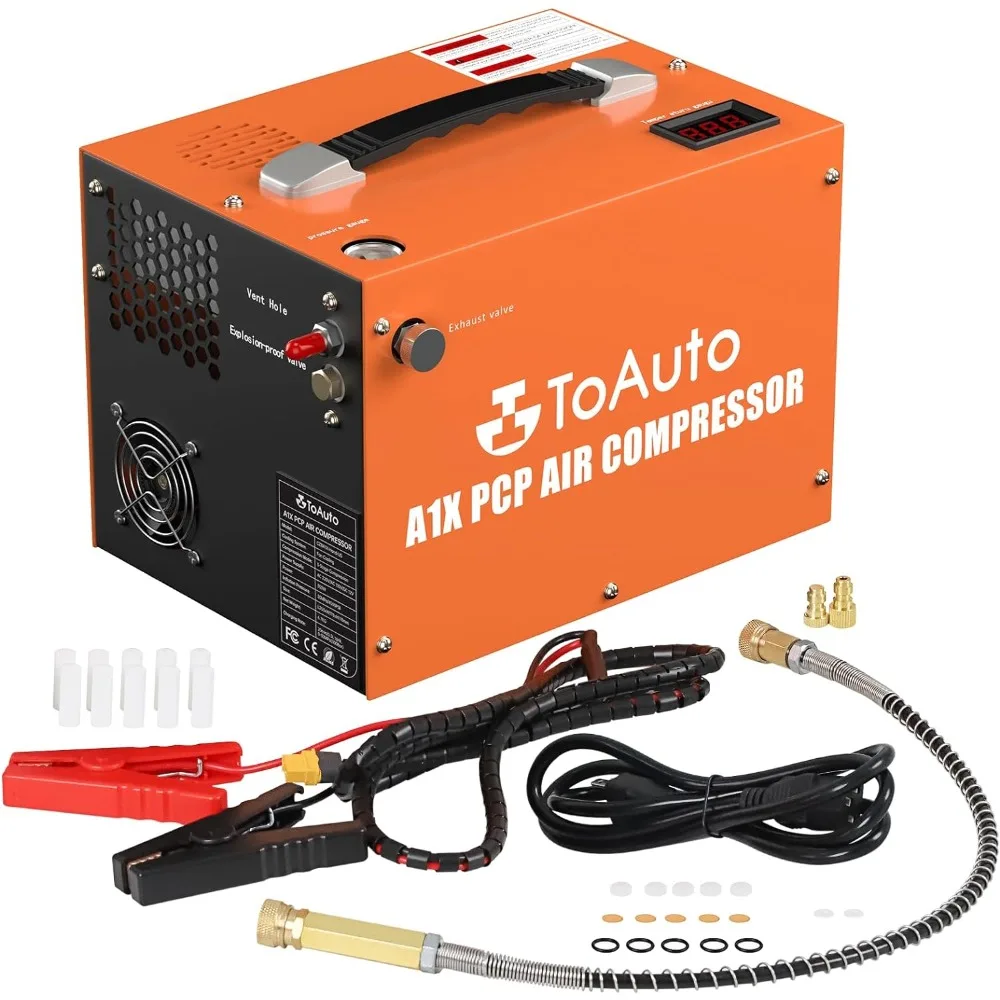 

TOAUTO A1X PCP Air Compressor,4500Psi 30Mpa, Water/Oil-Free, One Button Start, Bursting disc, Powered by Car 12V DC or Home 110V