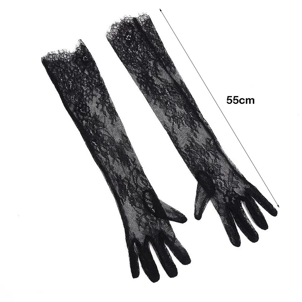 1 Pair Long Length Lace Gloves Thin Material Hollow Out Wedding Gloves Floral Pattern Transparent Opera Gloves Bridal Wedding