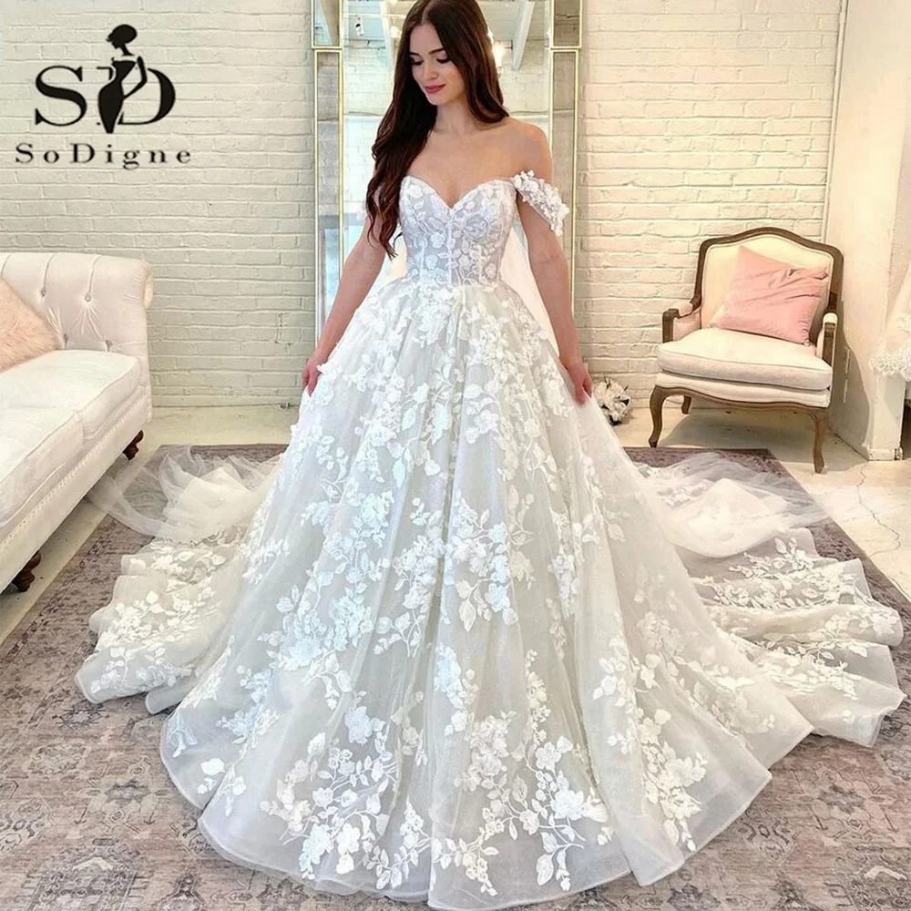 

SoDigne Luxury Wedding Dress For Women 2023 Off The Shoulder Princess Sweetheart Lace Appliques Bridal Gowns Robe De Mariée