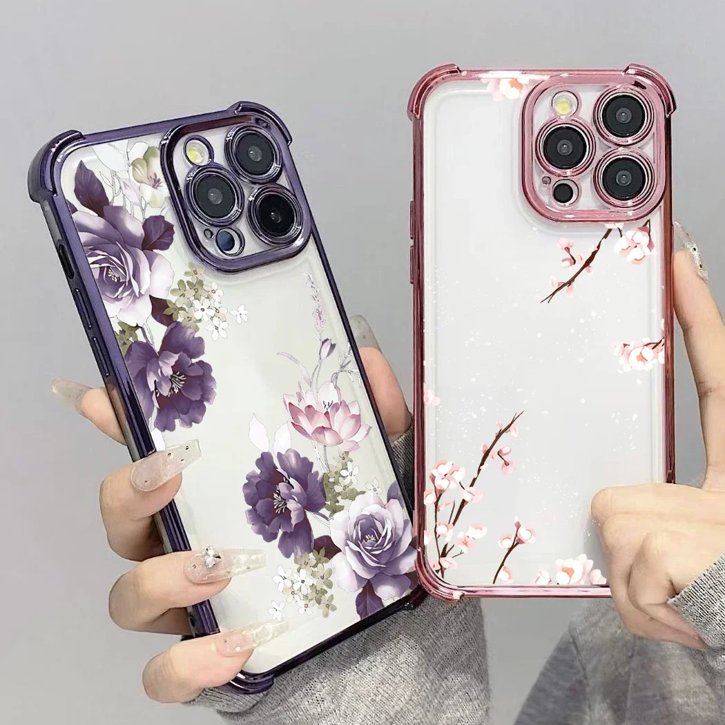Purple Pink Floral Plating Shockproof Phone Case Cover