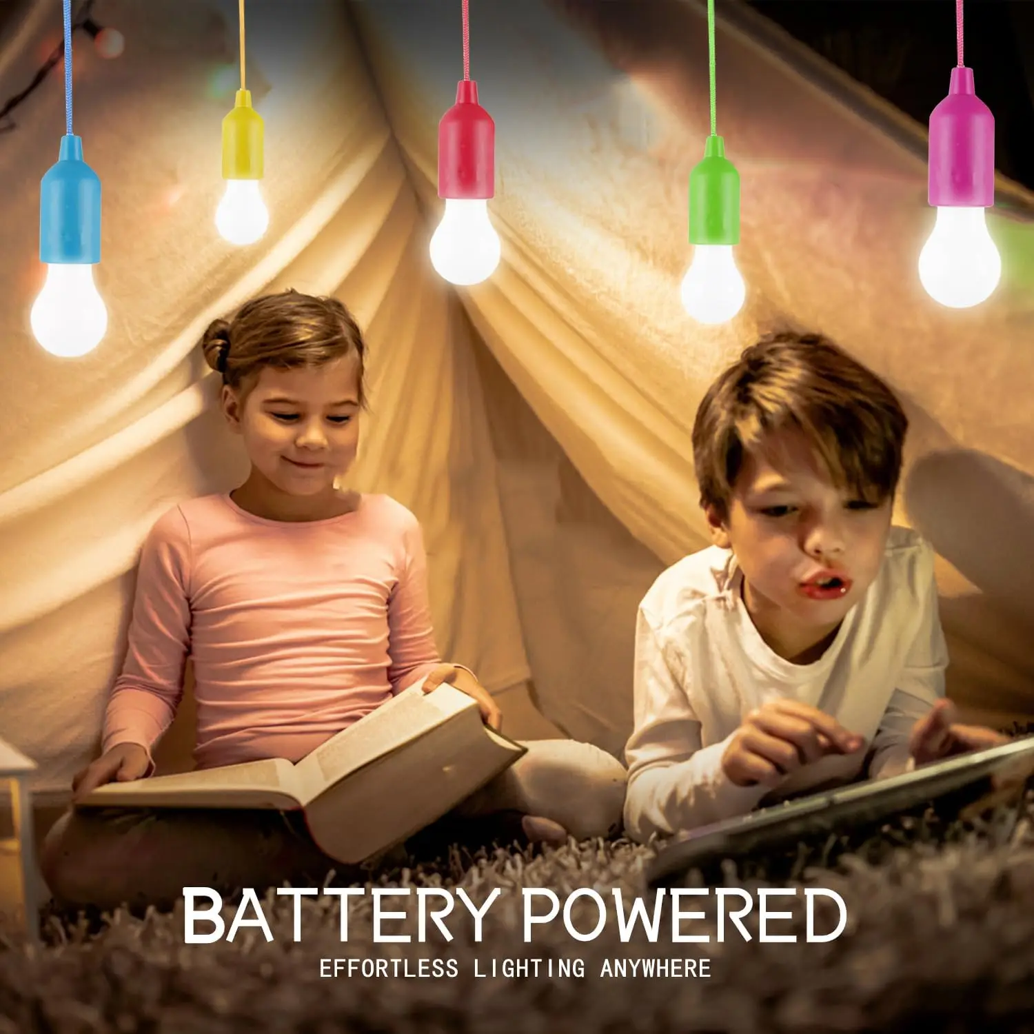 MODOAO Confezione 4 Lampadine LED Portatili A Batteria - Giallo, Rosa, Blu, Verde - Con Cordino E Interruttore A Tirante Per Campeggio, Feste E Decorazione