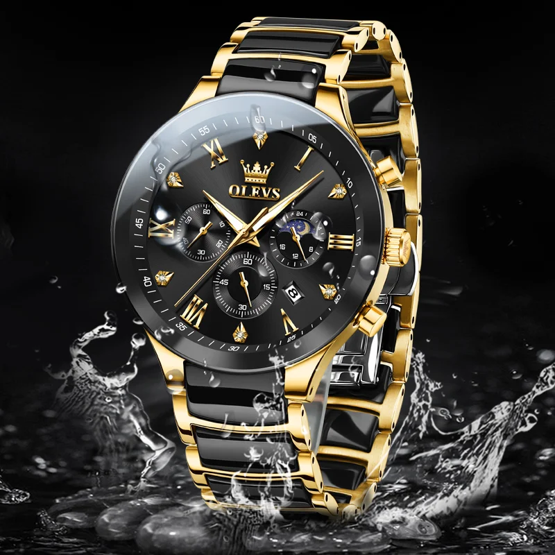OLEVS Original Quartz Watch for men Luxury Ceramic Strap Men's Watches Moon Phase Waterproof Luminous Wristwatch Reloj de Hombre